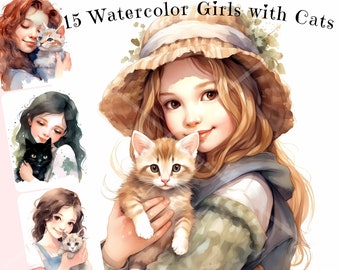 Watercolor Girls and Cats Clipart Bundle: High-Resolution PNGs