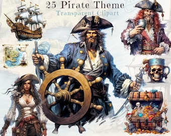May include: A collection of 25 pirate themed clipart images. The images include a pirate ship, a pirate captain with a beard and an eye patch, a pirate woman with a sword, a treasure chest, a pirate map, a pirate flag, a pirate skull, and a pirate wheel.