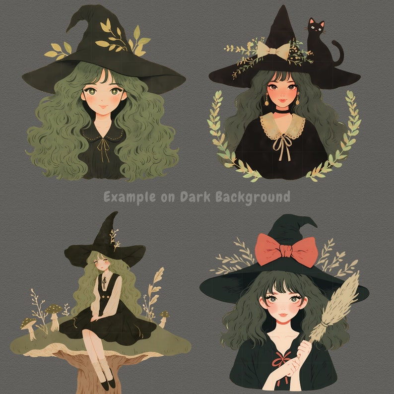 May include: Four illustrations of witches with green hair and black dresses. Each witch wears a black pointed hat with a green brim and a variety of embellishments. The witches are depicted against a gray background.
