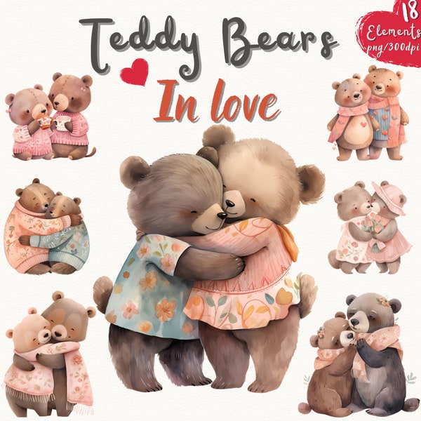 Watercolor Love Teddy Bear Couple Clipart, Nursery Clipart, Valentine Animal Couple, Romantic Couple Bear| Transparent High-Quality PNG