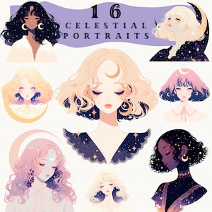 Himmlische Porträts digitale Aufkleber, gemütliche Schönheiten Clipart Journaling, gemütliches png, wunderlicher Aufkleber, transparent, Scrapbooking, Anime png