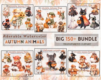 Watercolor Autumn & Halloween Animal Clipart Bundle (PNG, Digital Download)
