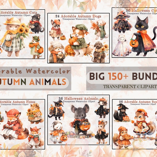 Herbst & Halloween Tier Clipart Mega-Bundle: 150+ Entzückende Aquarell Tiere + Bonus Nahtlose Muster - PNG - Instant Download