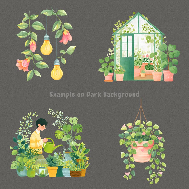 Pu&ograve; includere: Illustrazioni ad acquerello di piante ed elementi di giardinaggio su sfondo grigio scuro. L'immagine include una serra, lampadine sospese, una persona che innaffia le piante e una pianta sospesa in un vaso rosa. &Egrave; presente anche il testo "Example on Dark Background".