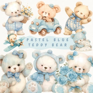 Adorable Pastel Blue Watercolor Teddy Bear Clipart | Blue Teddy Bear Clipart For Boys | Baby Shower Graphics | Nursery Clipart |Little Bear