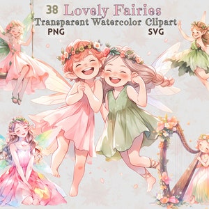 May include: A set of 38 watercolour clipart images of fairies with wings, flowers, and a harp. The fairies are wearing pink, green, and blue dresses. The images are ideal for adding a touch of whimsy to your projects.