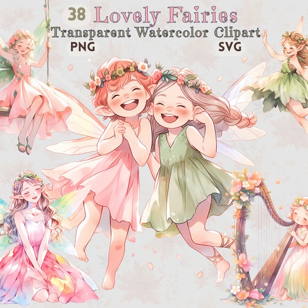 Paquet de Clipart de jolies fées | 38 Images de fées pastel mignonnes heureuses et chantantes | Pépinière et enfants Fantasy clipart | PNG et SVG transparents