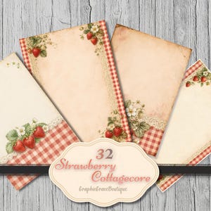 May include: Four sheets of paper with a vintage aesthetic. Each sheet features a red and white gingham border, lace trim, and strawberry illustrations. The text "32 Strawberry Cottagecore" is displayed on a decorative label.