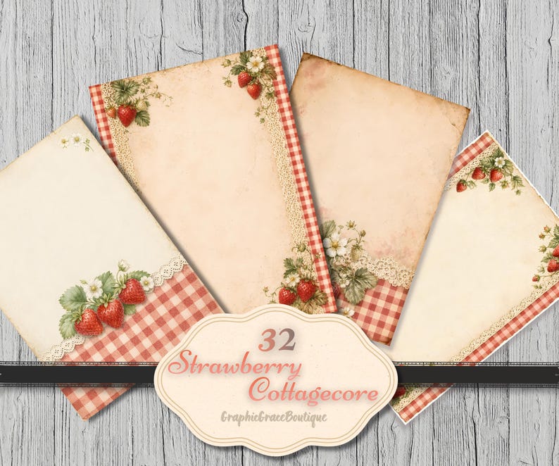 May include: Four sheets of paper with a vintage aesthetic. Each sheet features a red and white gingham border, lace trim, and strawberry illustrations. The text "32 Strawberry Cottagecore" is displayed on a decorative label.