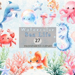 Watercolor Sea Life Ocean - Animals Clipart Cute Nursery Decor Bundle For Kids, Ocean Nursery Octopus Fish Underwater PNG, Commercial use