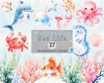 Pacote de clipart de vida marinha em aquarela: animais marinhos de berçário (PNG)