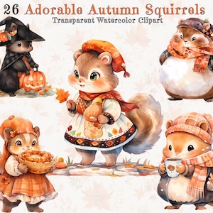 Autumn Squirrels Aquarelle Clipart Bundle - 26 PNG de haute qualité - Adorables écureuils dans les vêtements d’automne - Décor de pépinière, Designs d’automne confortables