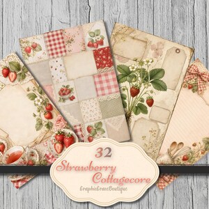 May include: Four sheets of vintage-style paper with strawberry and floral designs. The papers feature gingham, lace, and patchwork patterns. The text "32 Strawberry Cottagecore" is displayed in a decorative frame.
