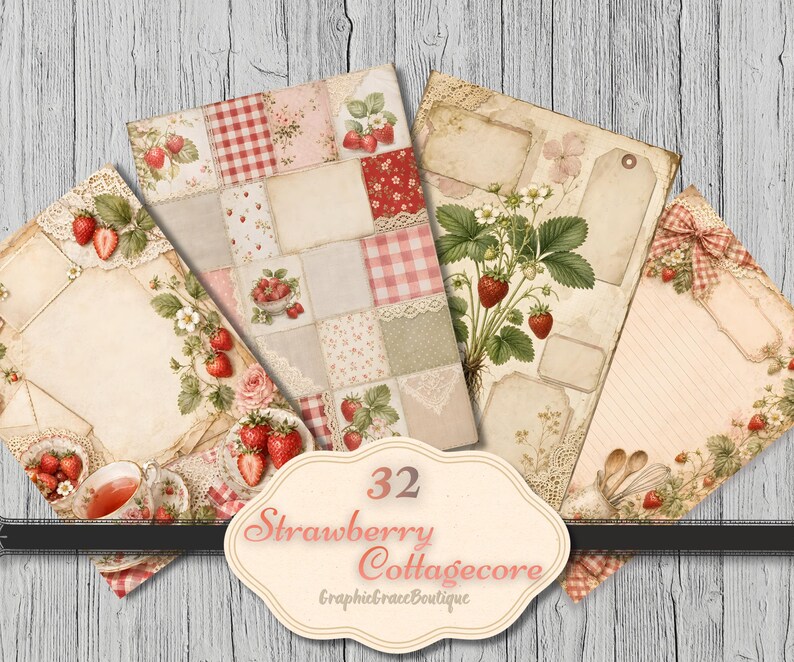 May include: Four sheets of vintage-style paper with strawberry and floral designs. The papers feature gingham, lace, and patchwork patterns. The text "32 Strawberry Cottagecore" is displayed in a decorative frame.