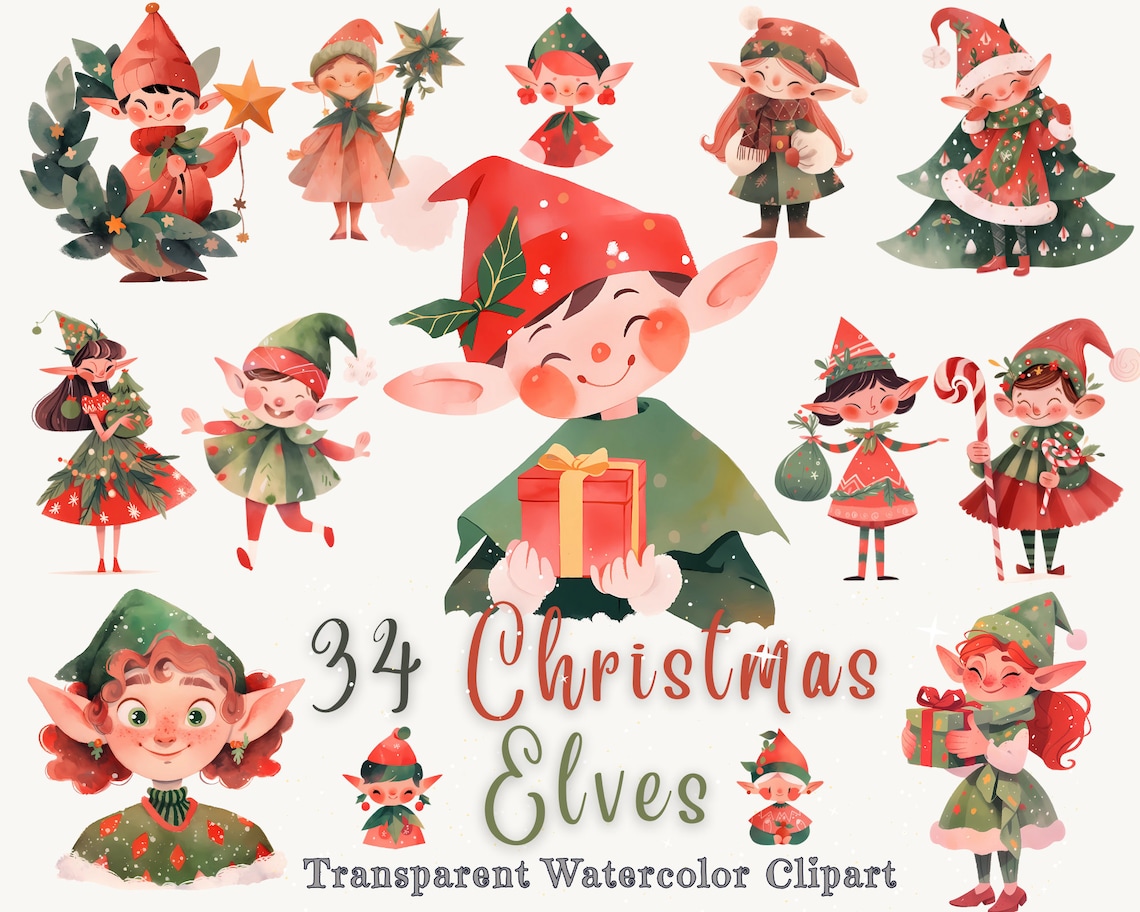 Watercolor Christmas Elves Clipart: Festive PNG Bundle - Etsy