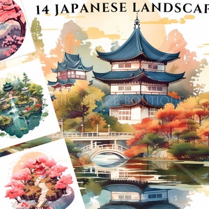 Japanese Landscape Watercolor Clipart Bundle (PNG Images)