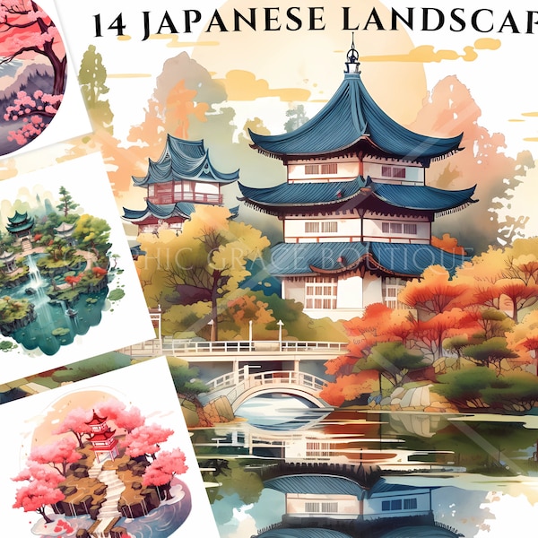 Bundle de Clipart aquarelle japonais : beaux paysages, temples, cascades, Sakura arbres, montagnes et plus d’Images PNG, usage Commercial