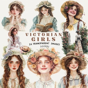 26 PNG Vintage Victorian Girls Watercolor Clipart: Victorian Vintage Cute Girls Clipart Bundle Scrapbooking Junk Journal Printable Art