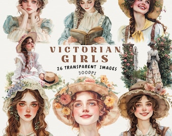 Victorian Girls Watercolor Clipart: Vintage Scrapbooking Bundle (PNG)