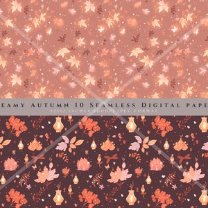 May include: A set of 10 digital papers featuring a dreamy autumn theme. The papers feature a seamless pattern of leaves, lanterns, and butterflies in shades of orange, pink, and brown. The text "DREAMY AUTUMN 10 SEAMLESS DIGITAL PAPERS 12x12 INCHES 300DPI JPEG FORMAT" is included in the image.