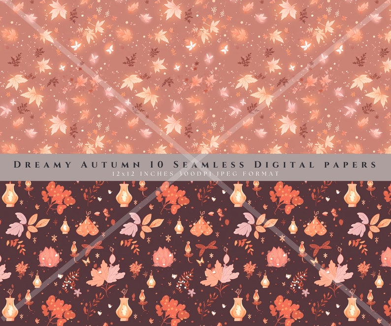 May include: A set of 10 digital papers featuring a dreamy autumn theme. The papers feature a seamless pattern of leaves, lanterns, and butterflies in shades of orange, pink, and brown. The text "DREAMY AUTUMN 10 SEAMLESS DIGITAL PAPERS 12x12 INCHES 300DPI JPEG FORMAT" is included in the image.