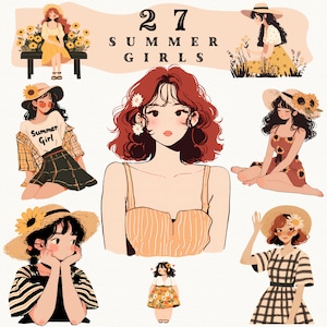 Pegatinas digitales de chica de verano: paquete PNG con estética cottagecore kawaii para GoodNotes, agendas digitales, scrapbooking, Procreate y diarios.
