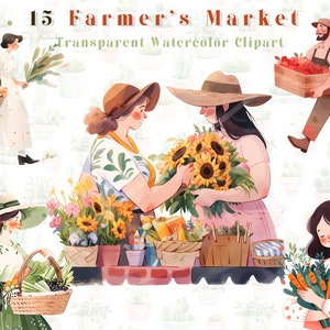 Pacchetto di clipart ad acquerello del mercato agricolo: 15 PNG di verdure, erbe aromatiche, bancarelle e spesa rustica + 2 disegni bonus in carta senza cuciture