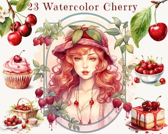 Watercolor Cherry Clipart Bundle, Summer Fruit PNG, Cherry Pie Cupcake Basket Art, Cottagecore Scrapbook Digital Download