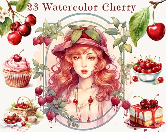 Watercolor Cherry Clipart Bundle, Summer Fruit PNG, Cherry Pie Cupcake Basket Art, Cottagecore Scrapbook Digital Download