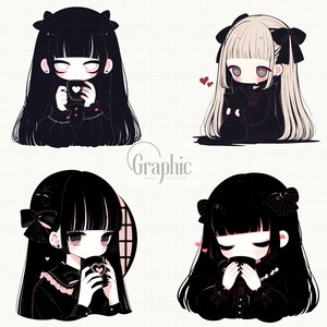 May include: Four digital illustrations of anime-style girls with black hair, wearing black dresses and holding mugs. The girls have different expressions and poses. The background is white.