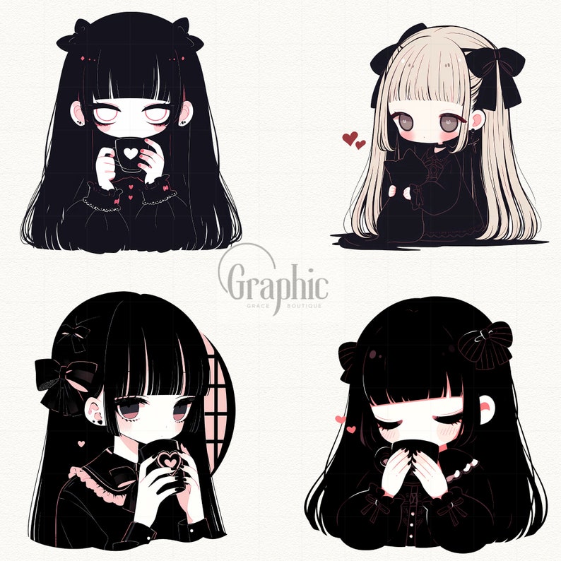 May include: Four digital illustrations of anime-style girls with black hair, wearing black dresses and holding mugs. The girls have different expressions and poses. The background is white.