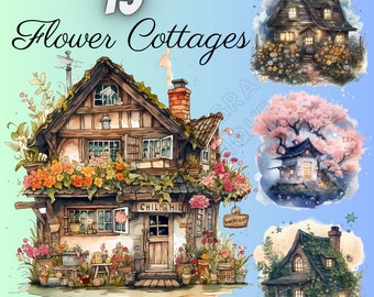 Watercolor Flower Cottage Clipart Bundle, Cottagecore House PNG, English Garden Art, Floral Countryside Scrapbook Digital Download