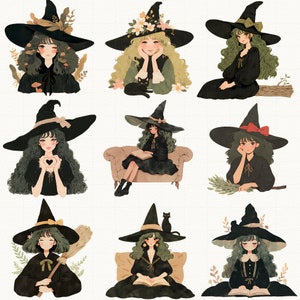 May include: Nine illustrations of witches wearing black pointed hats with different colored accents and accessories. Each witch has long green hair and is wearing a black dress. The witches are depicted in various poses, including reading a book, holding a heart, and sitting on a couch.