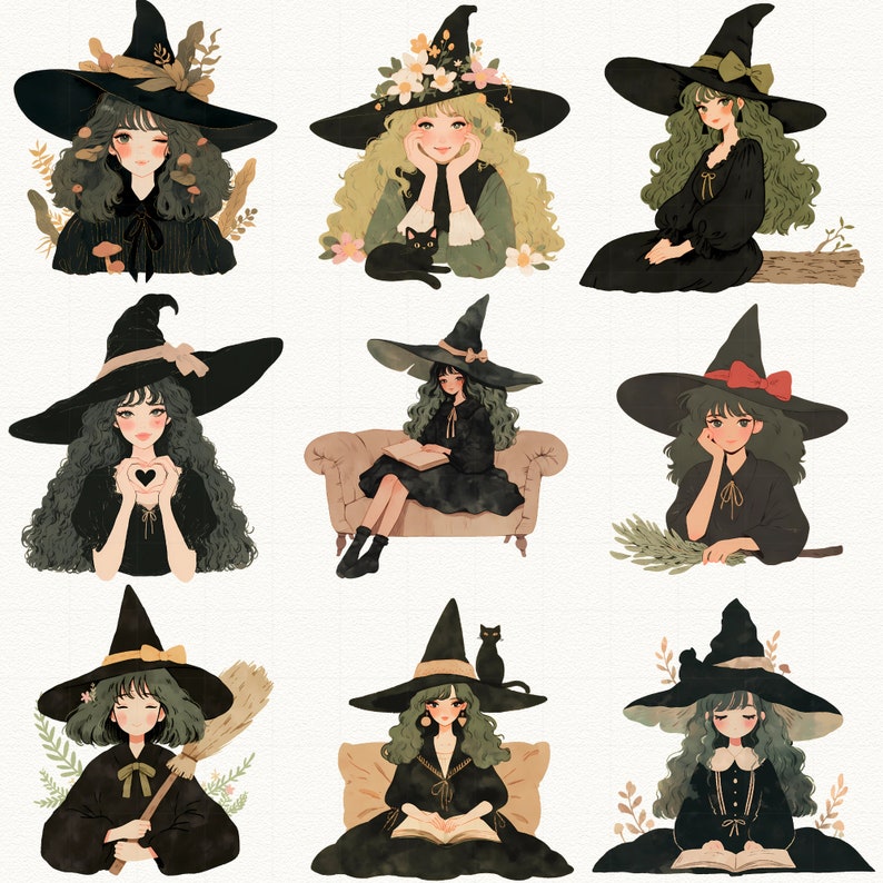 May include: Nine illustrations of witches wearing black pointed hats with different colored accents and accessories. Each witch has long green hair and is wearing a black dress. The witches are depicted in various poses, including reading a book, holding a heart, and sitting on a couch.