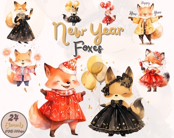 Watercolor New Year Foxes Clipart Bundle: Foxes Celebrating New Year, Adorable New Year Celebration | Transparent High-Quality PNG