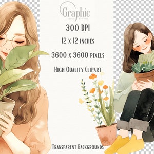 May include: Two watercolor illustrations of women holding potted plants. The woman on the left is wearing glasses and a peach-colored shirt. The woman on the right is wearing a light green sweater and black pants. Both women are holding potted plants with green leaves. The background is transparent.
