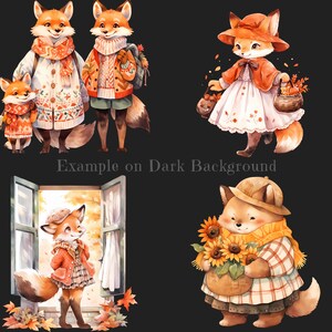 May include: Four watercolor illustrations of foxes wearing autumnal clothing. The first image shows a family of foxes wearing sweaters and scarves. The second image shows a fox wearing a red dress and a hat, carrying a basket of leaves. The third image shows a fox wearing a red sweater and a hat, standing in a window. The fourth image shows a fox wearing a plaid shirt and a hat, holding a basket of sunflowers.