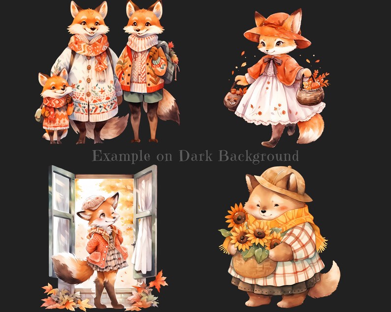 May include: Four watercolor illustrations of foxes wearing autumnal clothing. The first image shows a family of foxes wearing sweaters and scarves. The second image shows a fox wearing a red dress and a hat, carrying a basket of leaves. The third image shows a fox wearing a red sweater and a hat, standing in a window. The fourth image shows a fox wearing a plaid shirt and a hat, holding a basket of sunflowers.