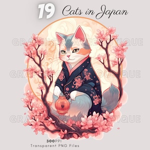 Japanese Cats ClipArt bundle, Watercolor Digital Clipart Bundle featuring Kawaii Cats in Kimonos