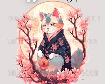 Japanese Cats ClipArt bundle, Watercolor Digital Clipart Bundle featuring Kawaii Cats in Kimonos