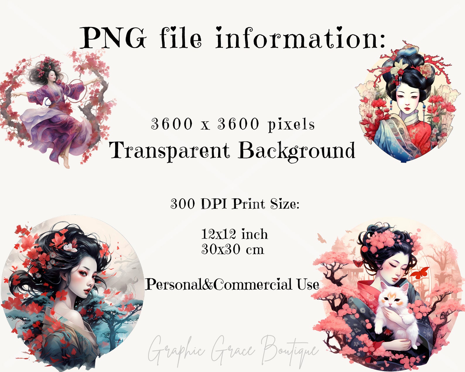Geisha Watercolor Clipart Bundle, Japanese Inspired Woman PNG, Asian ...