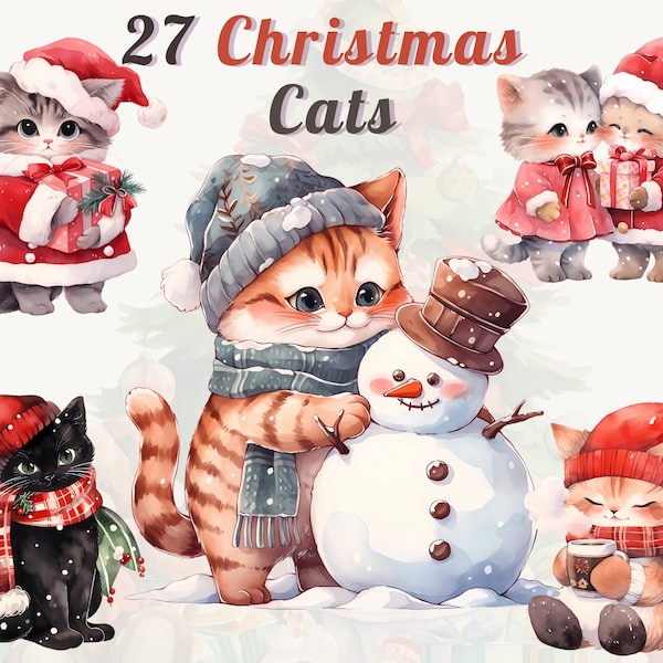 Watercolor Christmas Cat Clipart Bundle: Cute Cats in Winter Christmas Clothes, Adorable Winter Cat Gift | Transparent High-Quality PNGs