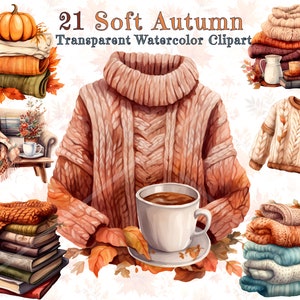 Autumn Watercolor Clipart Bundle - Cozy Sweater, Coffee, Pumpkin, Books, Boho Florals, and More | 21 Transparent 300 PPI PNG and SVG Images