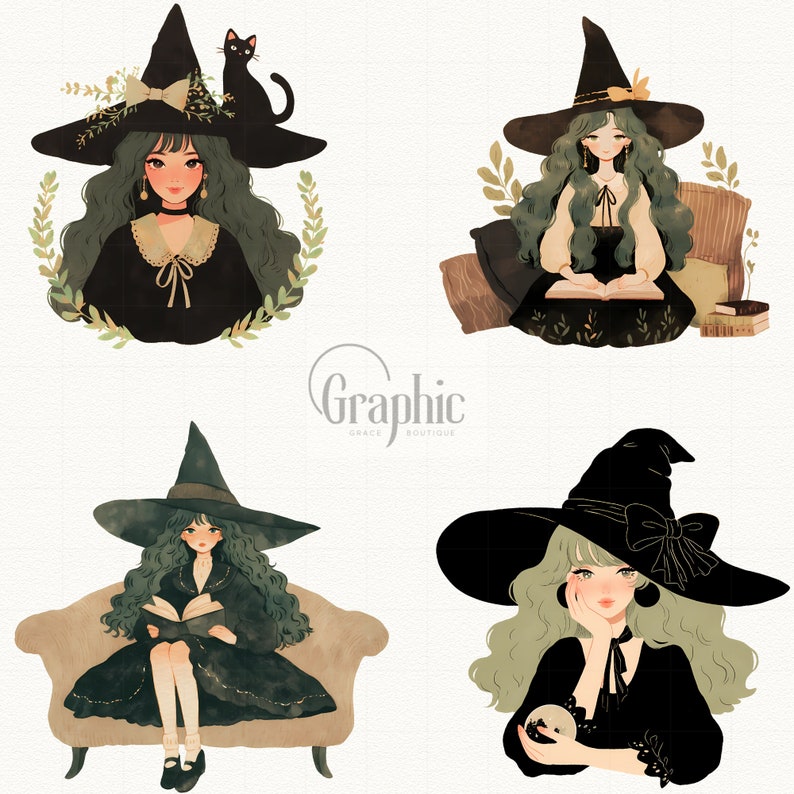 May include: Four illustrations of witches wearing black pointed hats with green and black dresses. The witches are holding books, a cat, and a crystal ball. The illustrations are in a cartoon style with a whimsical and magical feel.