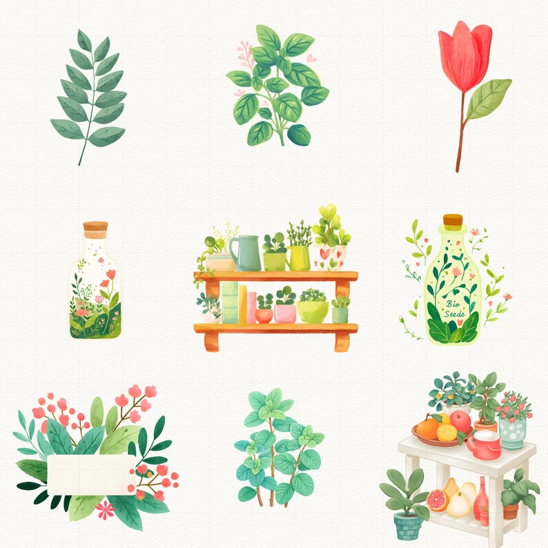 Pu&ograve; includere: Illustrazioni ad acquerello di varie piante e fiori, tra cui un tulipano rosso, rami frondosi ed erbe in vaso. Una mensola espone piante in vaso e una bottiglia &egrave; decorata con motivi floreali. Un tavolo contiene frutta e altre piante.