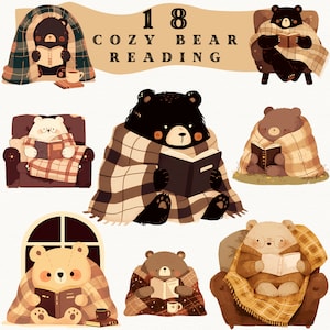 Adesivi digitali Cozy Reading Bear, clipart Bookworm, journaling, png accogliente e familiare, adesivo stravagante, trasparente, scrapbooking, cartone animato png