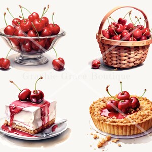 May include: Watercolor illustration featuring a glass bowl and a woven basket filled with ripe red cherries. Also shown are a slice of cheesecake and a tart, both topped with cherries and cherry sauce. The image has a light, airy feel.