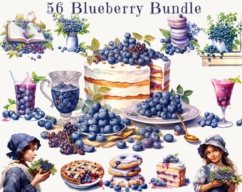 Watercolor Blueberry Clipart Bundle: Desserts & Drinks (Commercial Use)