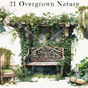 Aquarel overwoekerde natuur clipart-natuur thema architecturale PNG-afbeeldingen, digitale download, decoraties, scrapbook kunst, afdrukbare illustraties