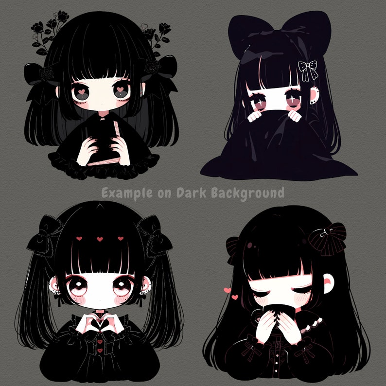 May include: Four digital illustrations of anime-style girls with black hair and clothing. Each girl has a different expression and pose. The girls are on a gray background.